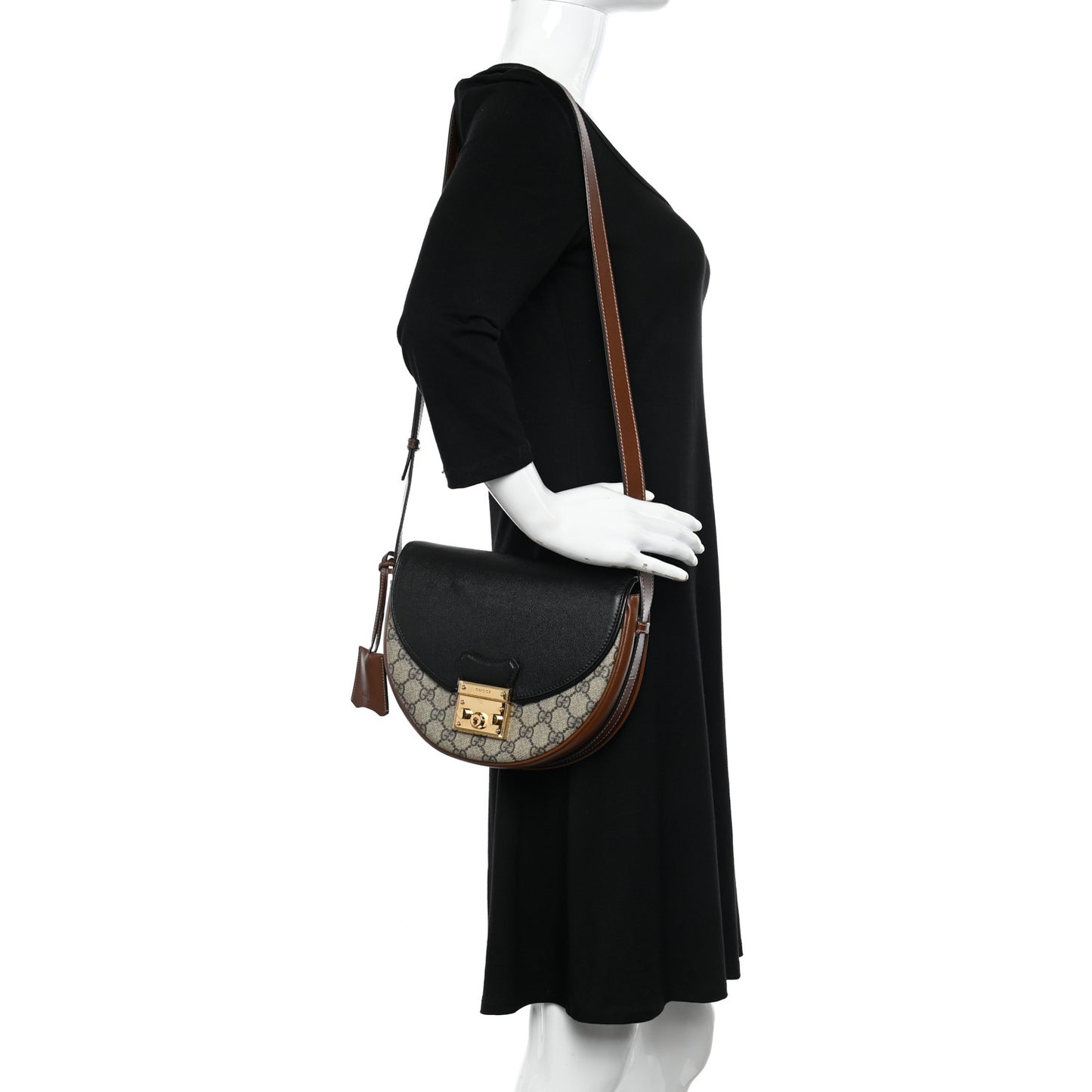 GG Supreme Monogram Calfskin Small Padlock Messenger Shoulder Bag Beige Black Cuir