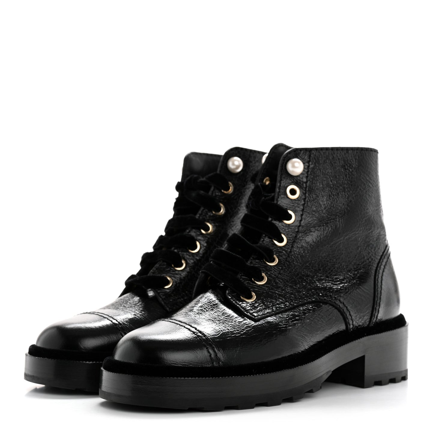 Shiny Calfskin Velvet Pearl Combat Short Boots 36 Black