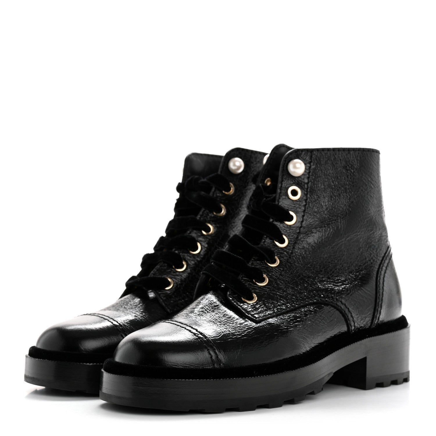 Chanel Shiny Calfskin Velvet Pearl Combat Short Boots 36 Black 4 of 10