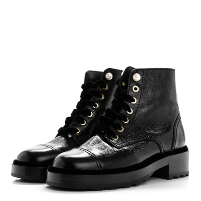 Chanel Shiny Calfskin Velvet Pearl Combat Short Boots 36 Black 4 of 10