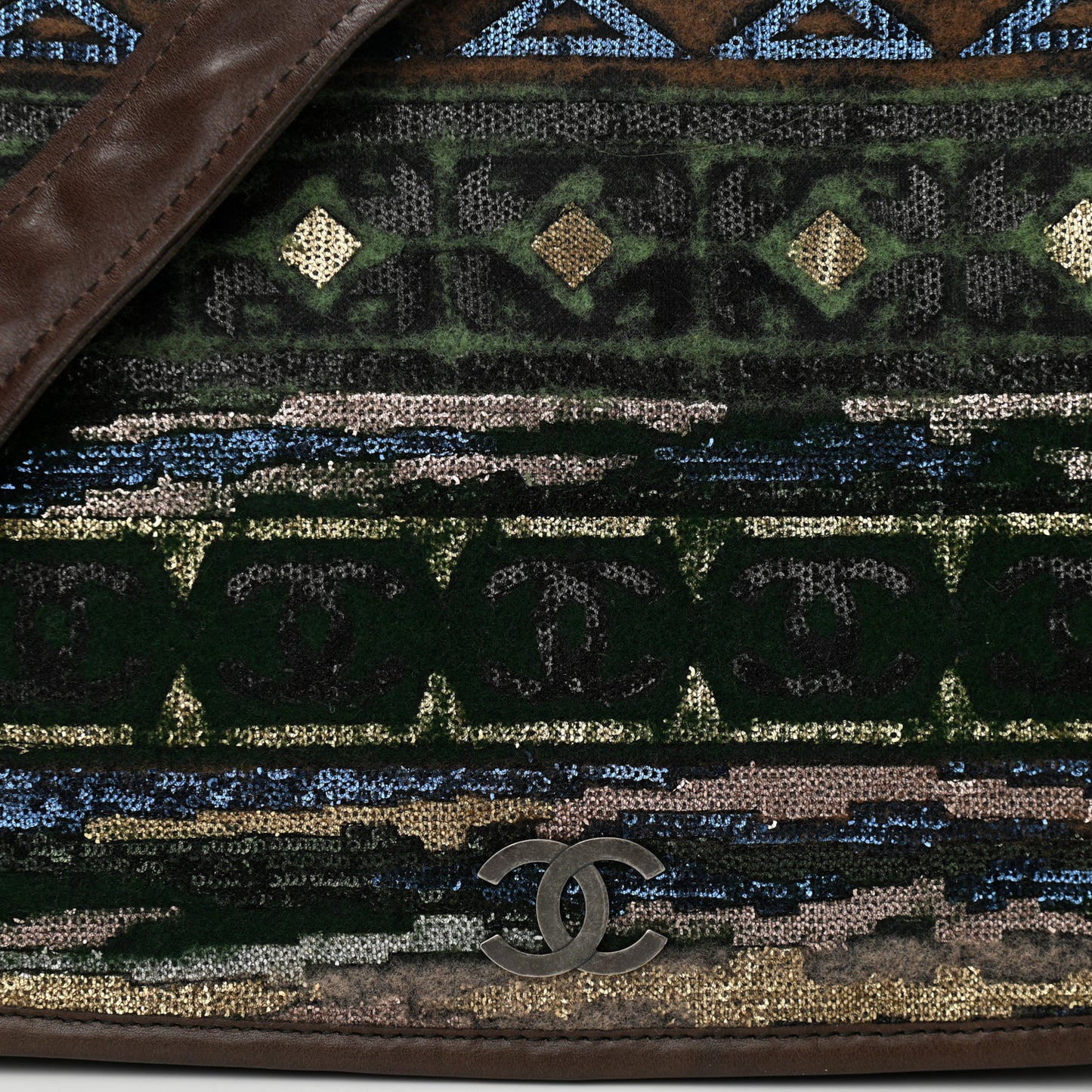 Calfskin Felt Sequin Embroidered Flap Shoulder Bag Brown
