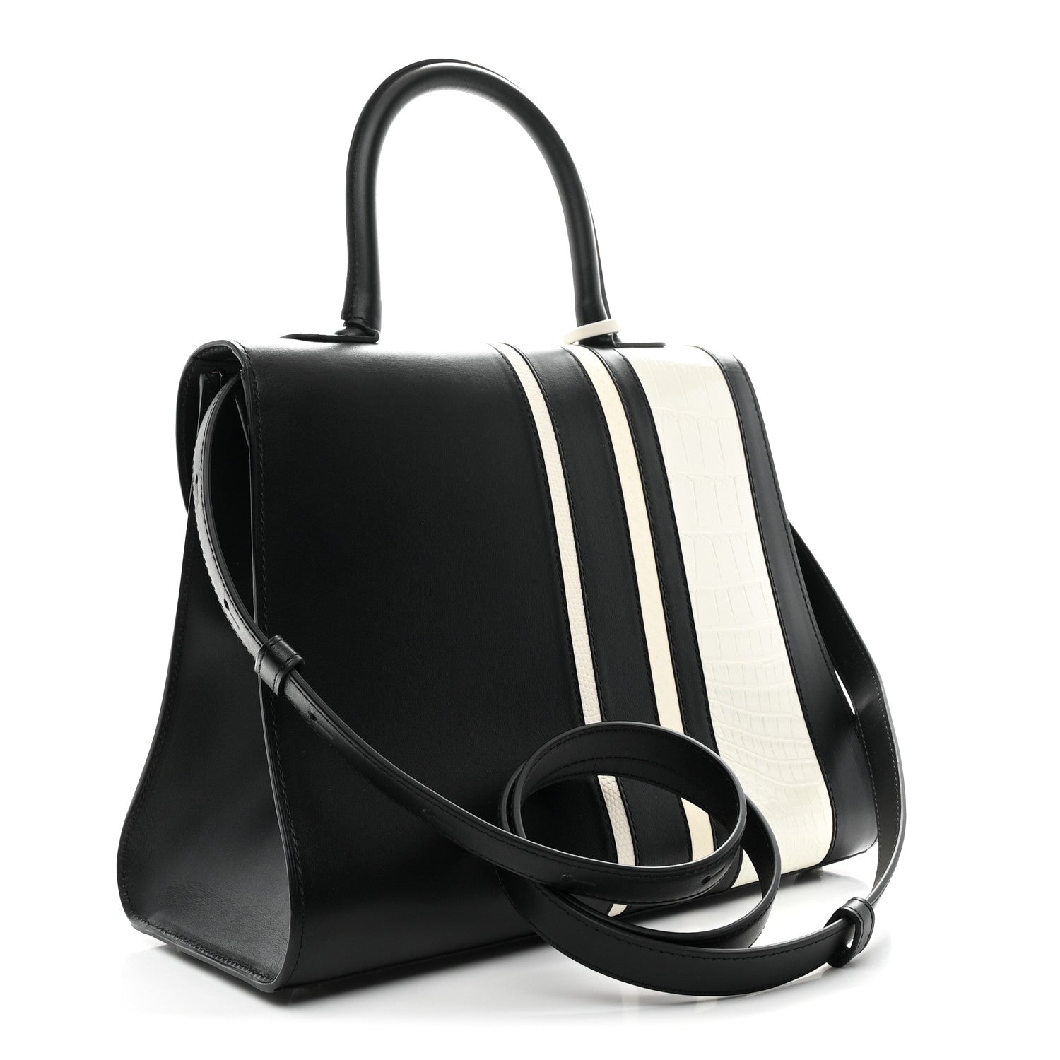 Delvaux Calfskin Alligator Lizard Ayers Sporty Stripes MM Brillant Satchel Black Ivory 4 of 10