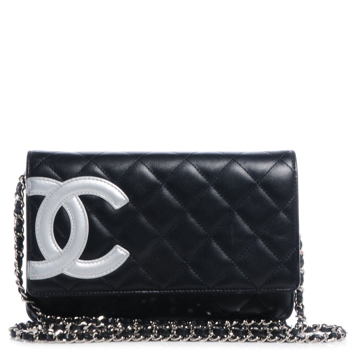 Leather Quilted Cambon Wallet on Chain WOC Black Silver