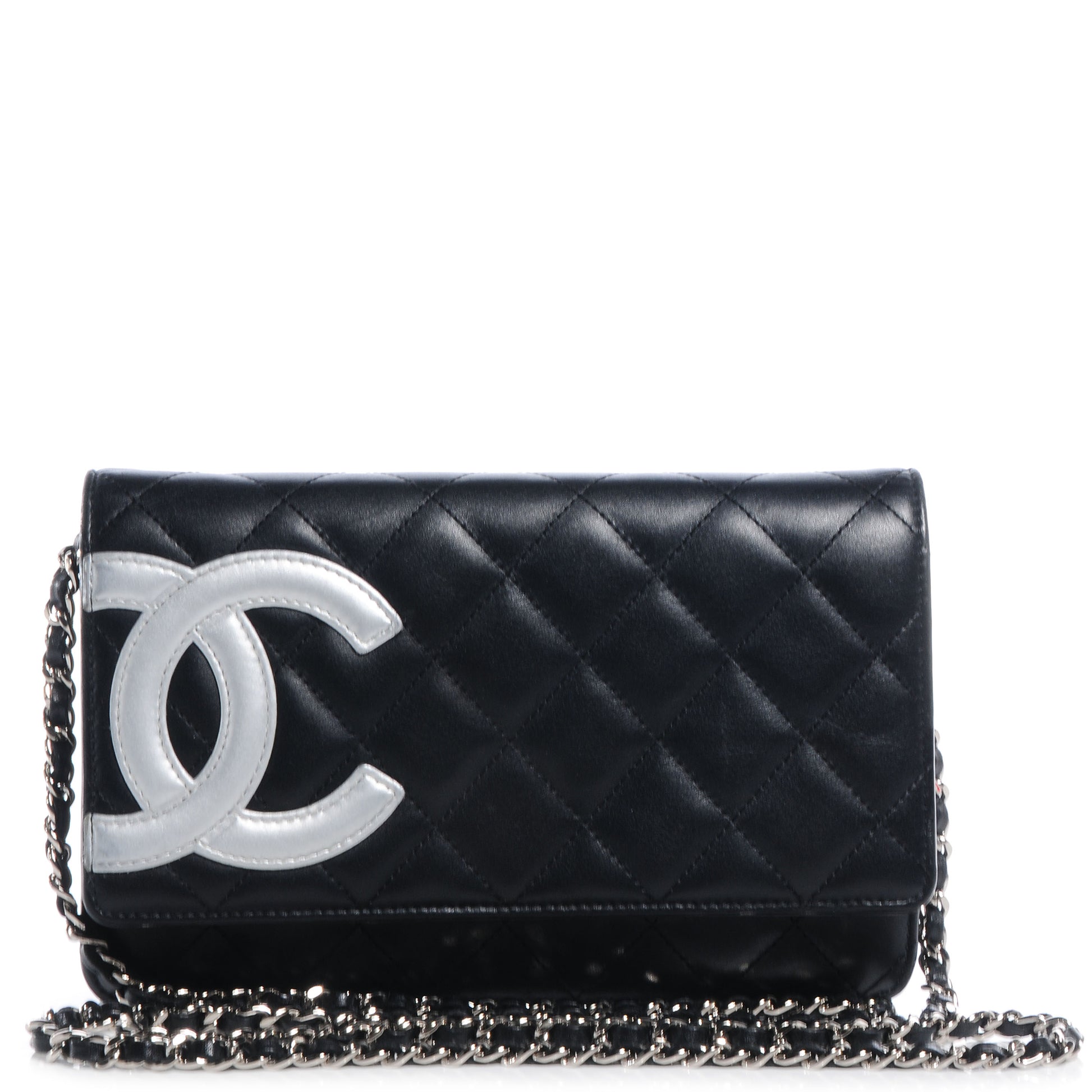Chanel Leather Quilted Cambon Wallet on Chain WOC Black Silver 1 of 8