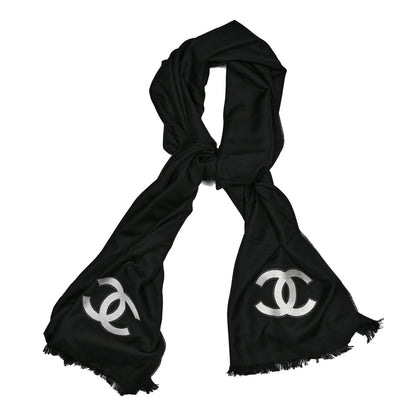 Chanel Cashmere Silk CC Logo Stole Black White 1 of 4