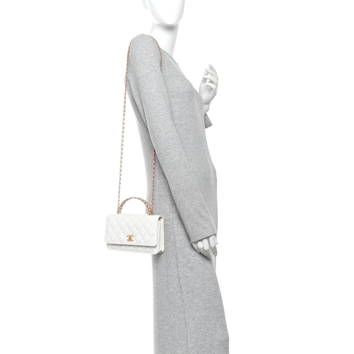 Shiny Calfskin Quilted Multicolor Top Handle Wallet On Chain WOC  White