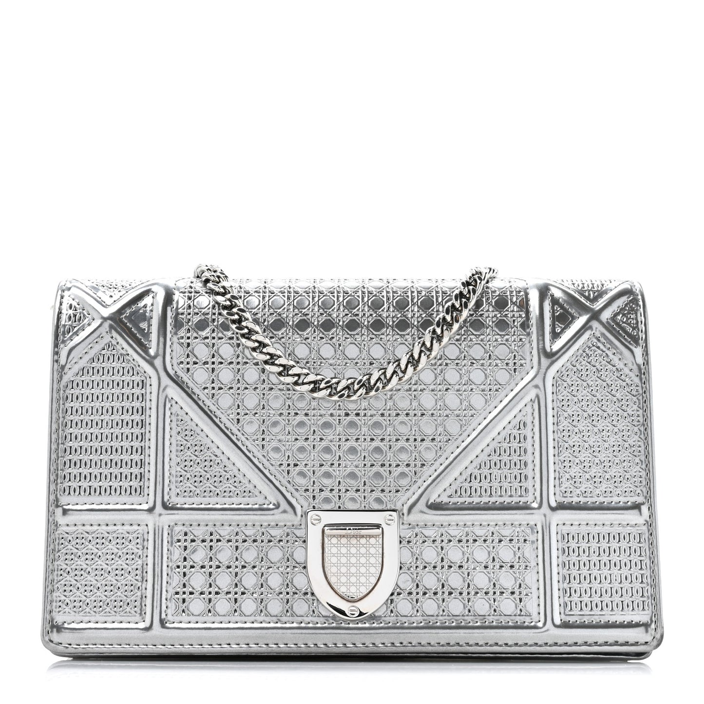 Metallic Patent Micro-Cannage Diorama Wallet on Chain Pouch Silver