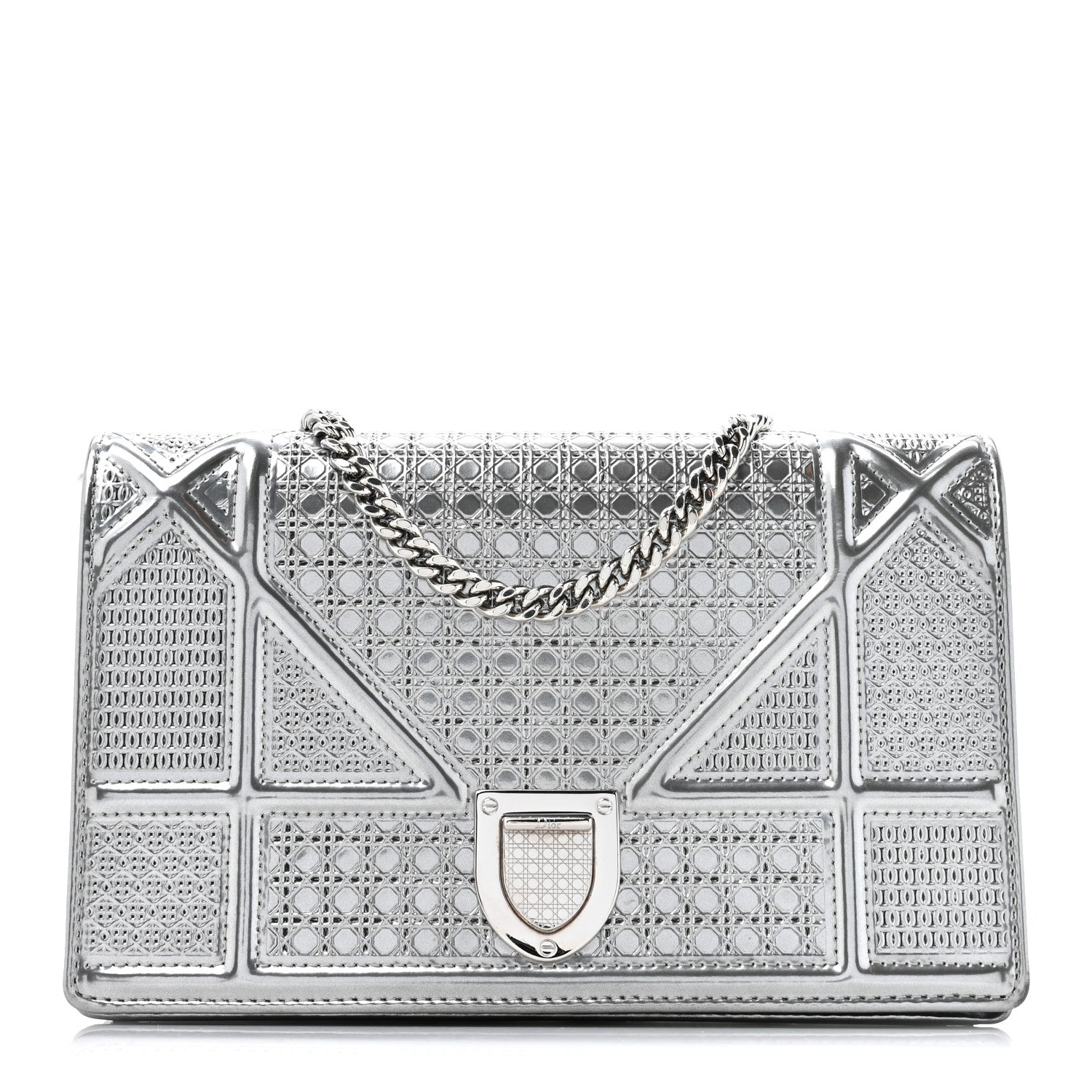 Christian Dior Metallic Patent Micro-Cannage Diorama Wallet on Chain Pouch Silver 1 of 9