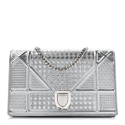 Christian Dior Metallic Patent Micro-Cannage Diorama Wallet on Chain Pouch Silver 1 of 9