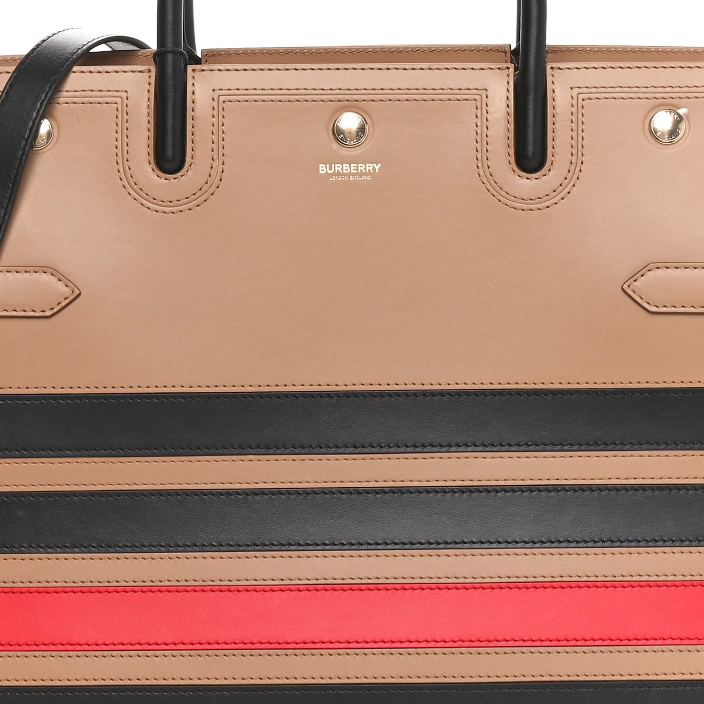 Smooth Calfskin Stripe Medium Two Handle Title Bag Camel Black Red