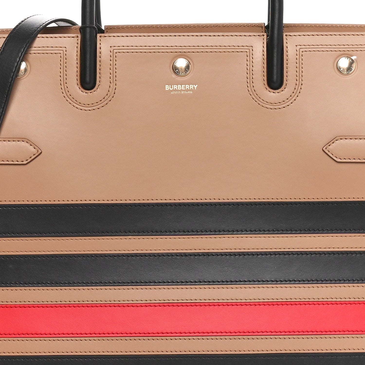 Burberry Smooth Calfskin Stripe Medium Two Handle Title Bag Camel Black Red 8 of 10