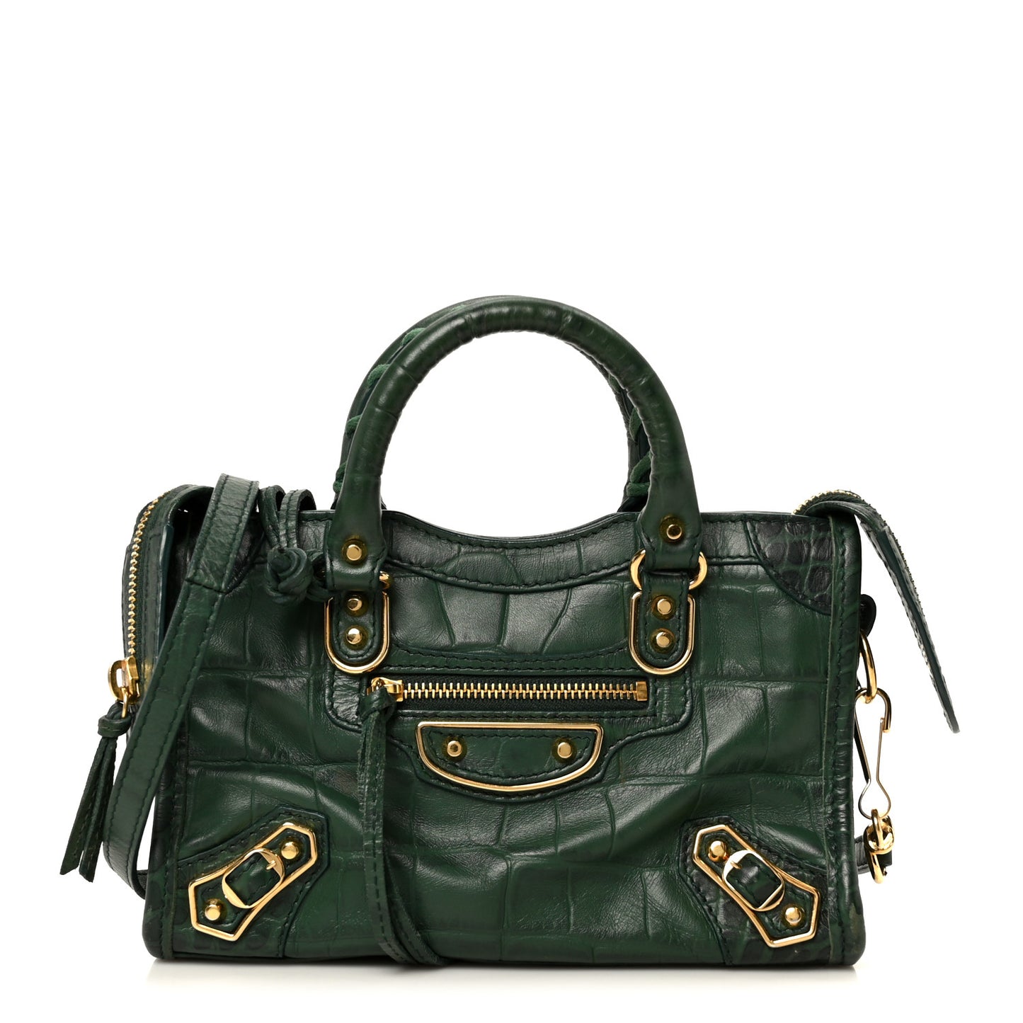 Shiny Supple Calfskin Crocodile Embossed Gold Metallic Edge Hardware Nano City Green