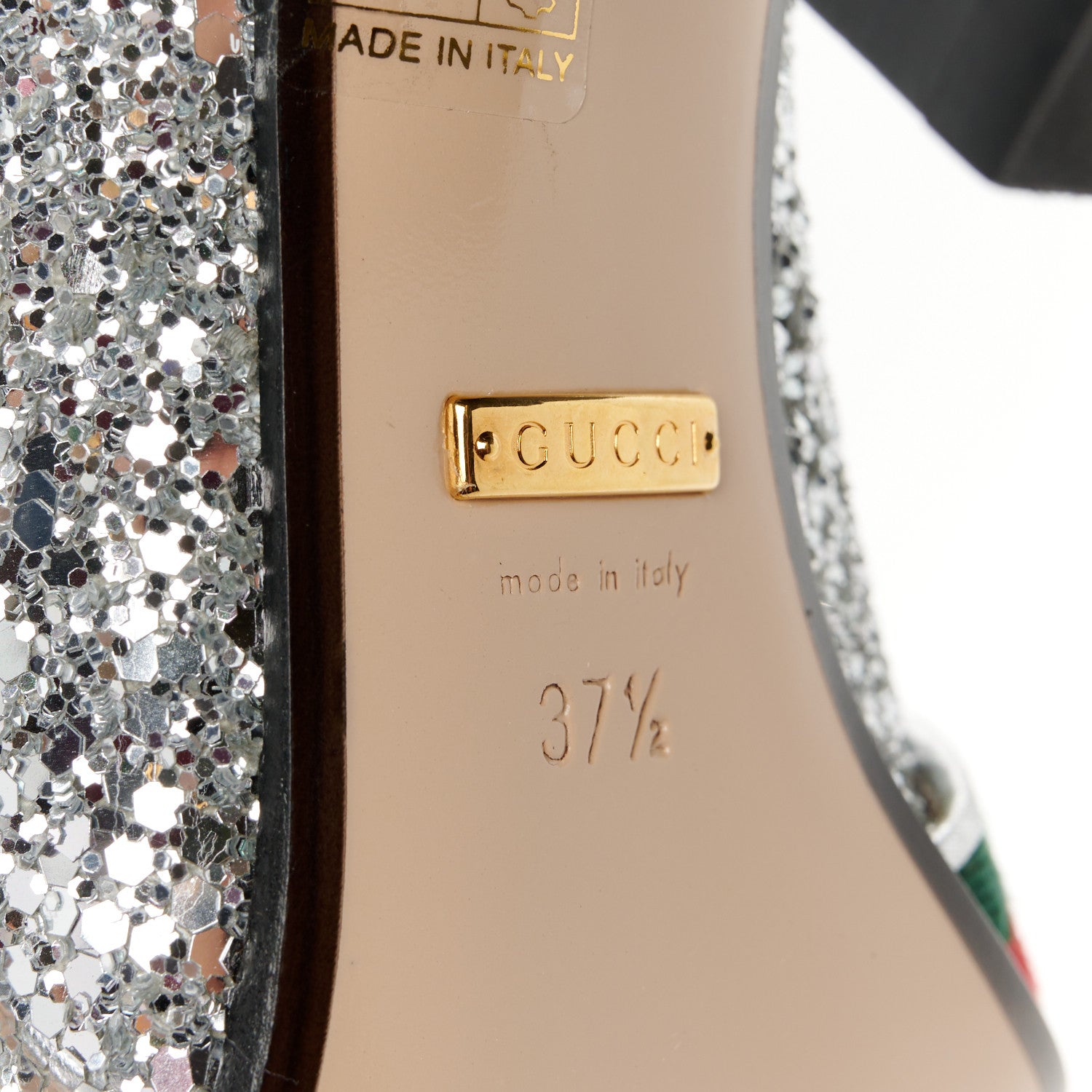 Gucci Glitter Nappa Web Peyton 75mm Loafer Pumps 37.5 Argento 8 of 10