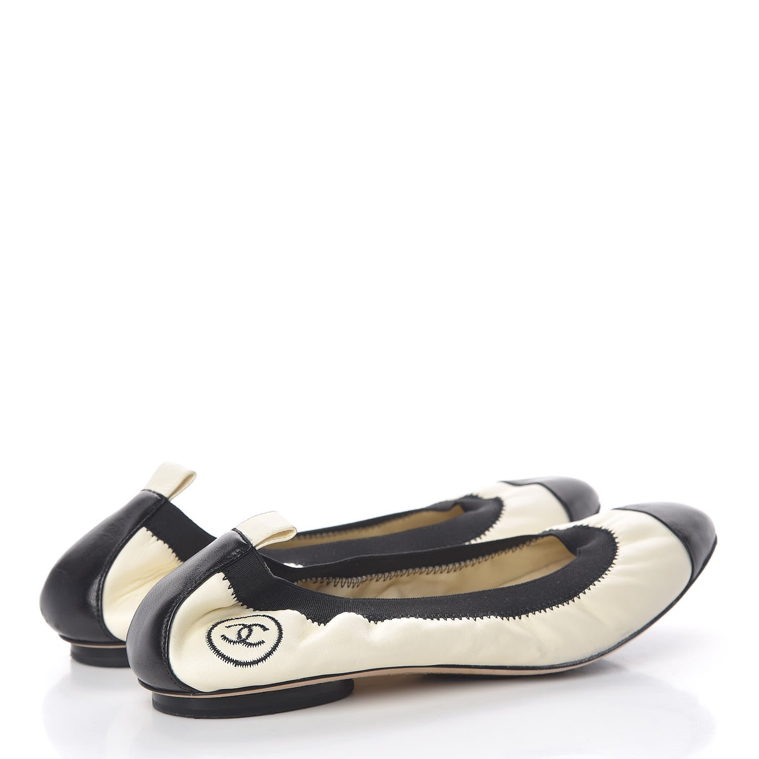 Chanel Lambskin CC Elastic Cap Toe Ballerina Flats 37 Off White Black 4 of 16