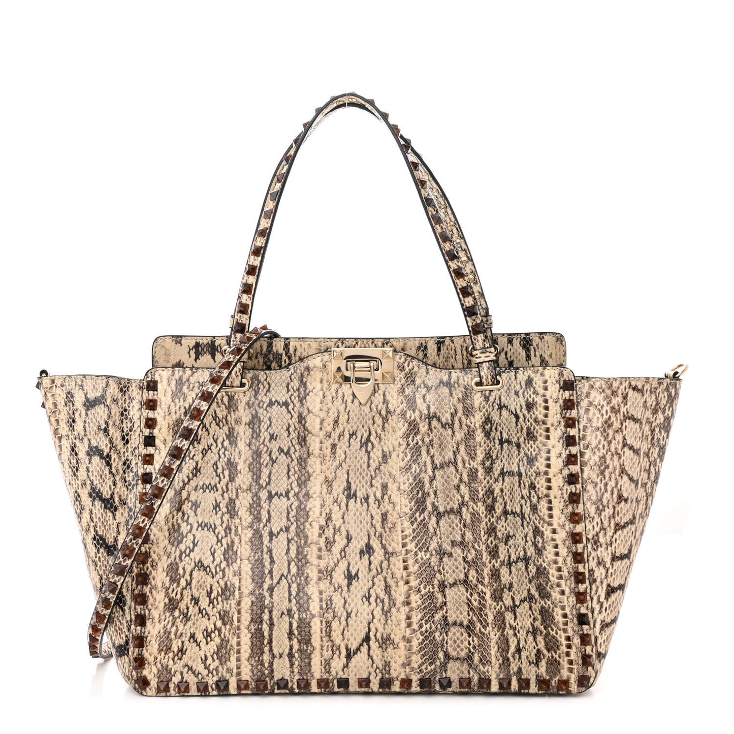 Snakeskin Medium Rockstud Tote Beige