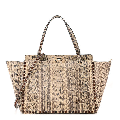 Valentino Garavani Snakeskin Medium Rockstud Tote Beige 1 of 10