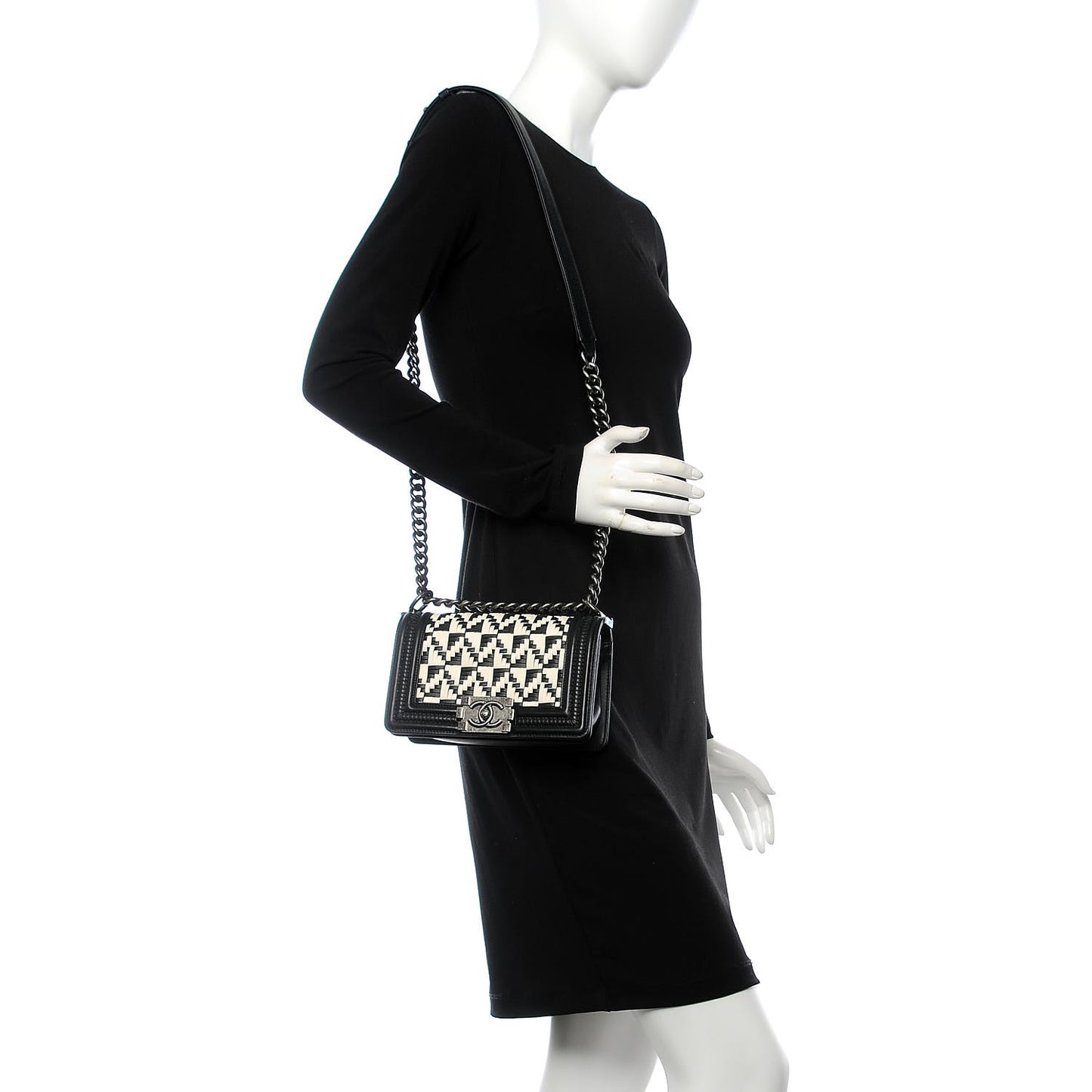 Calfskin Woven Small Boy Flap Black White