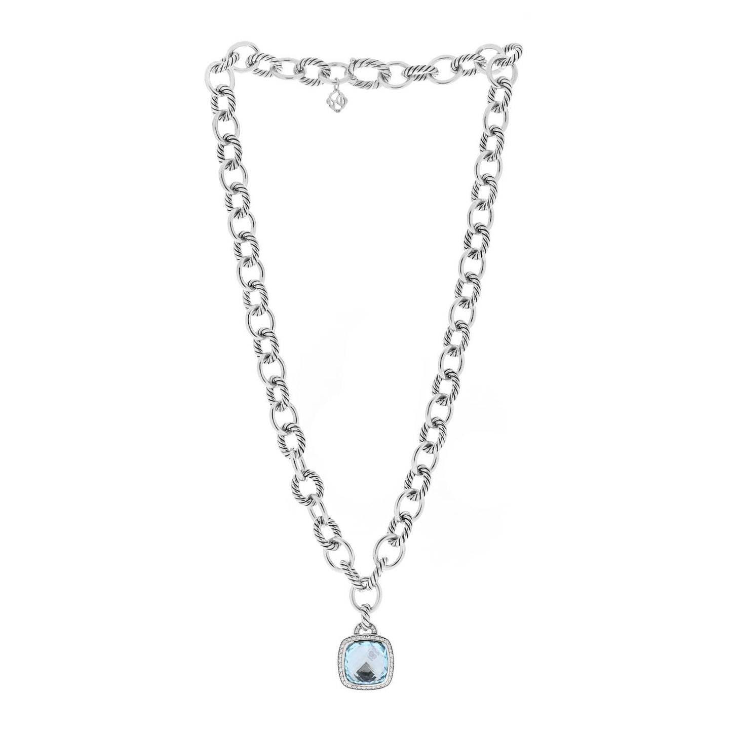 Sterling Silver Blue Topaz Diamond 14mm Albion Pendant Cable Necklace