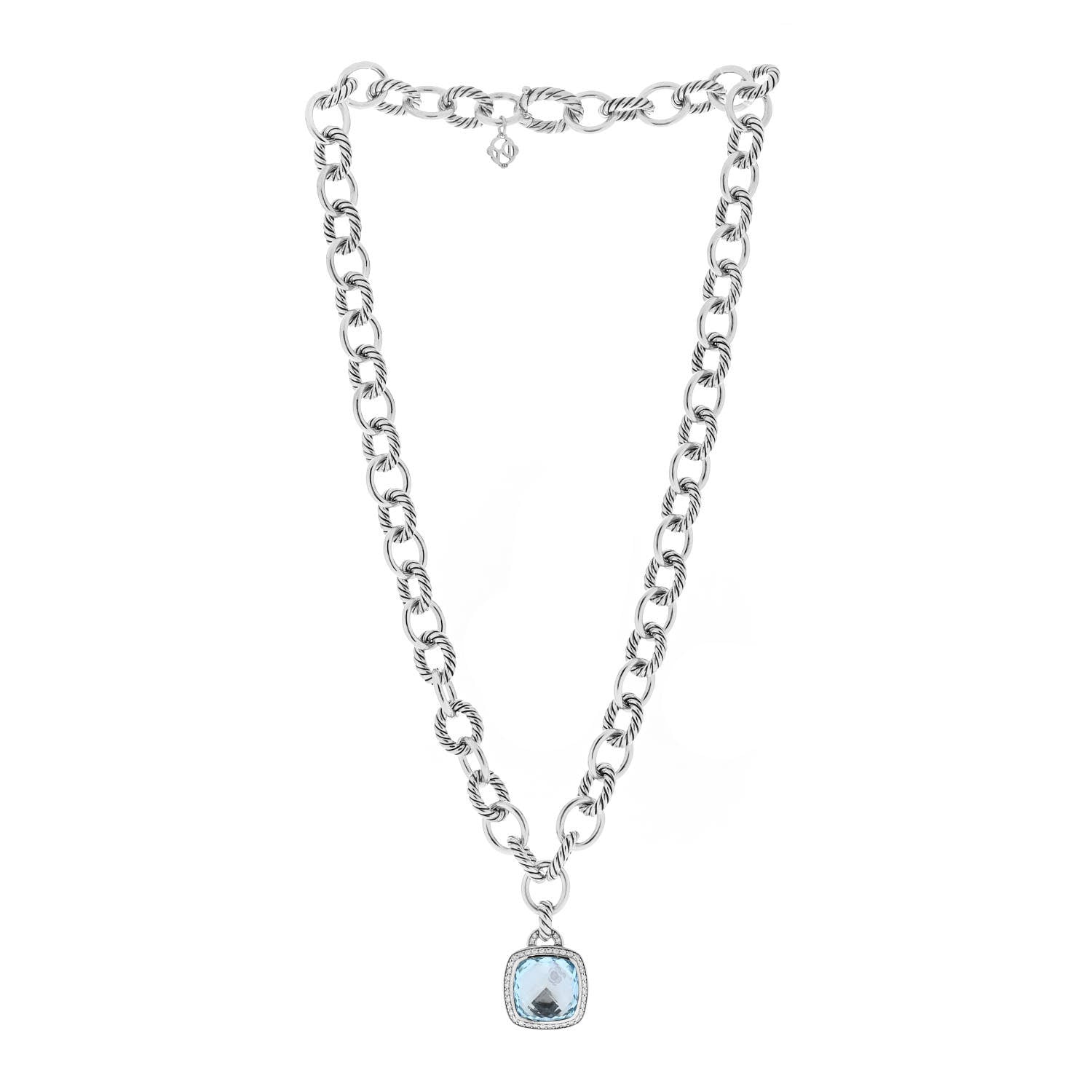 David Yurman Sterling Silver Blue Topaz Diamond 14mm Albion Pendant Cable Necklace 3 of 5
