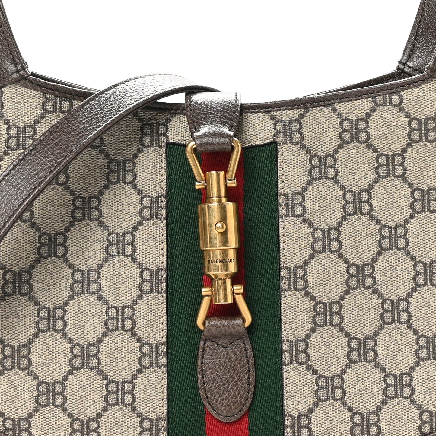 X BALENCIAGA BB Supreme Monogram Calfskin Web Small Jackie 1961 Hobo Beige Ebony