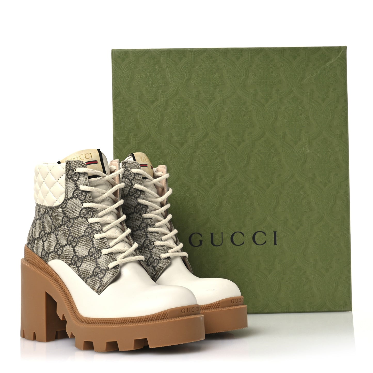 Apollo Calfskin GG Supreme Nappa Samoa Quilted Lace Up Ankle Boots 36 Mystic White Beige Ebony