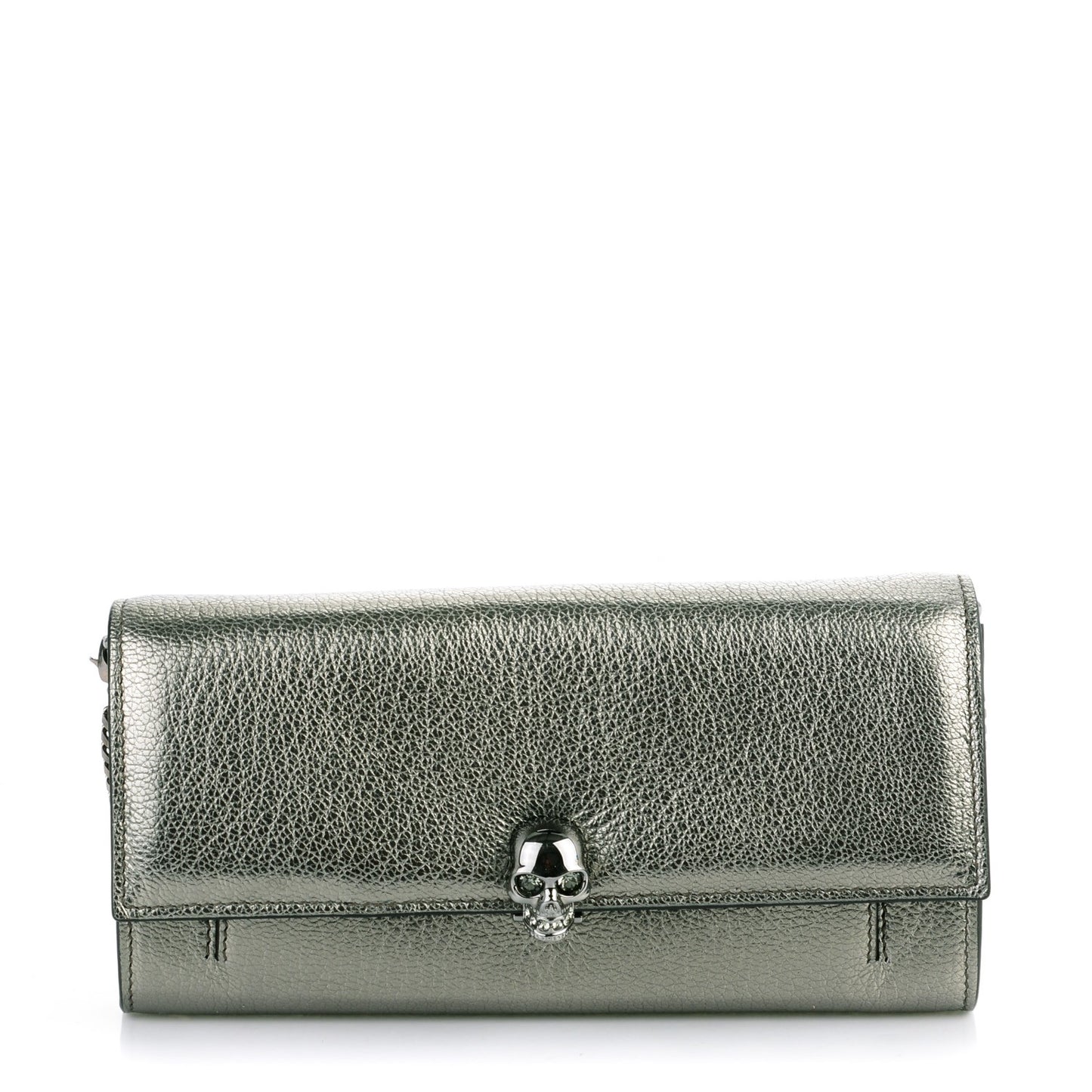Metallic Calfskin Skull Wallet on Chain Black Pearl