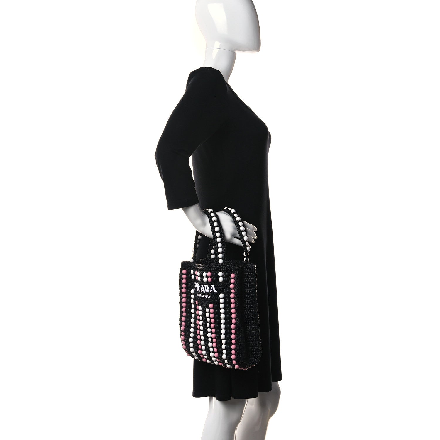 Prada Raffia Wood Bead Embroidered Logo Tote Bag Black 2 of 9