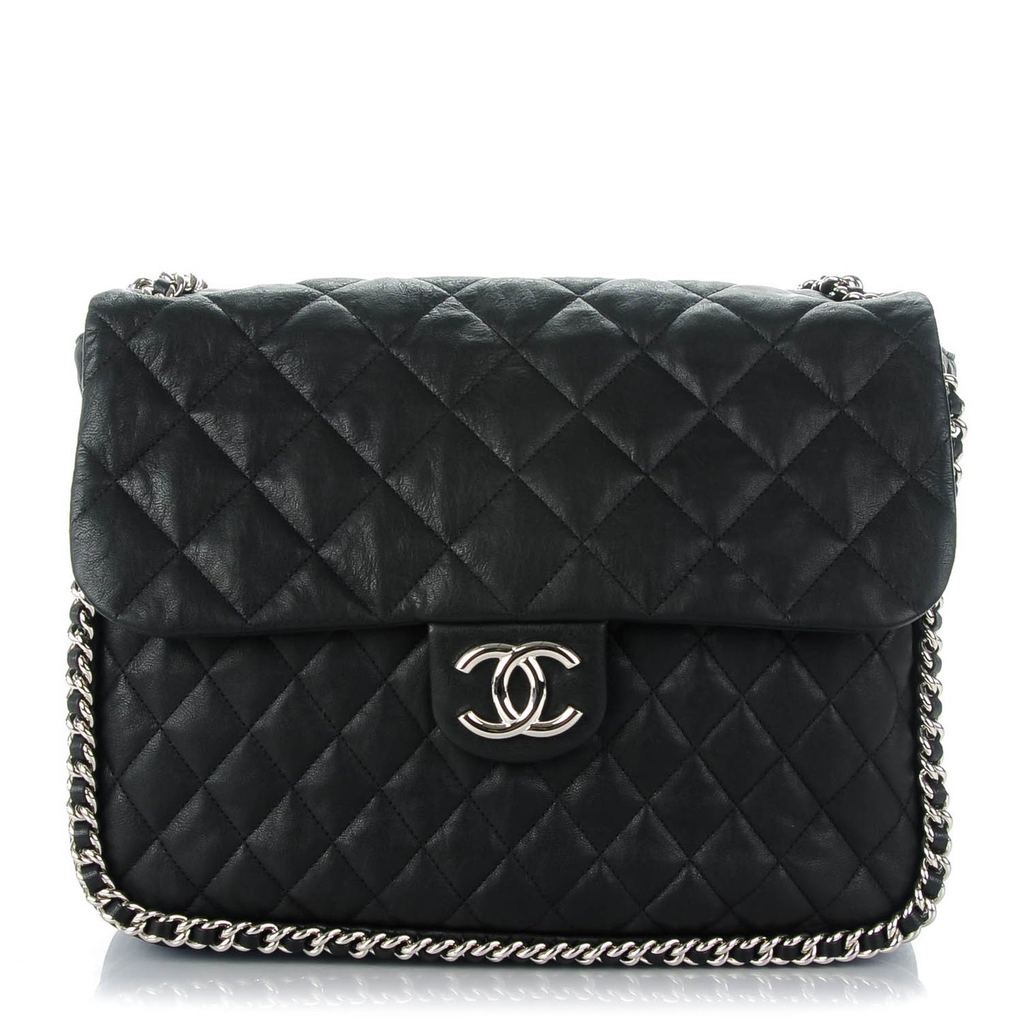 Washed Lambskin Quilted Maxi Chain Around Flap Black