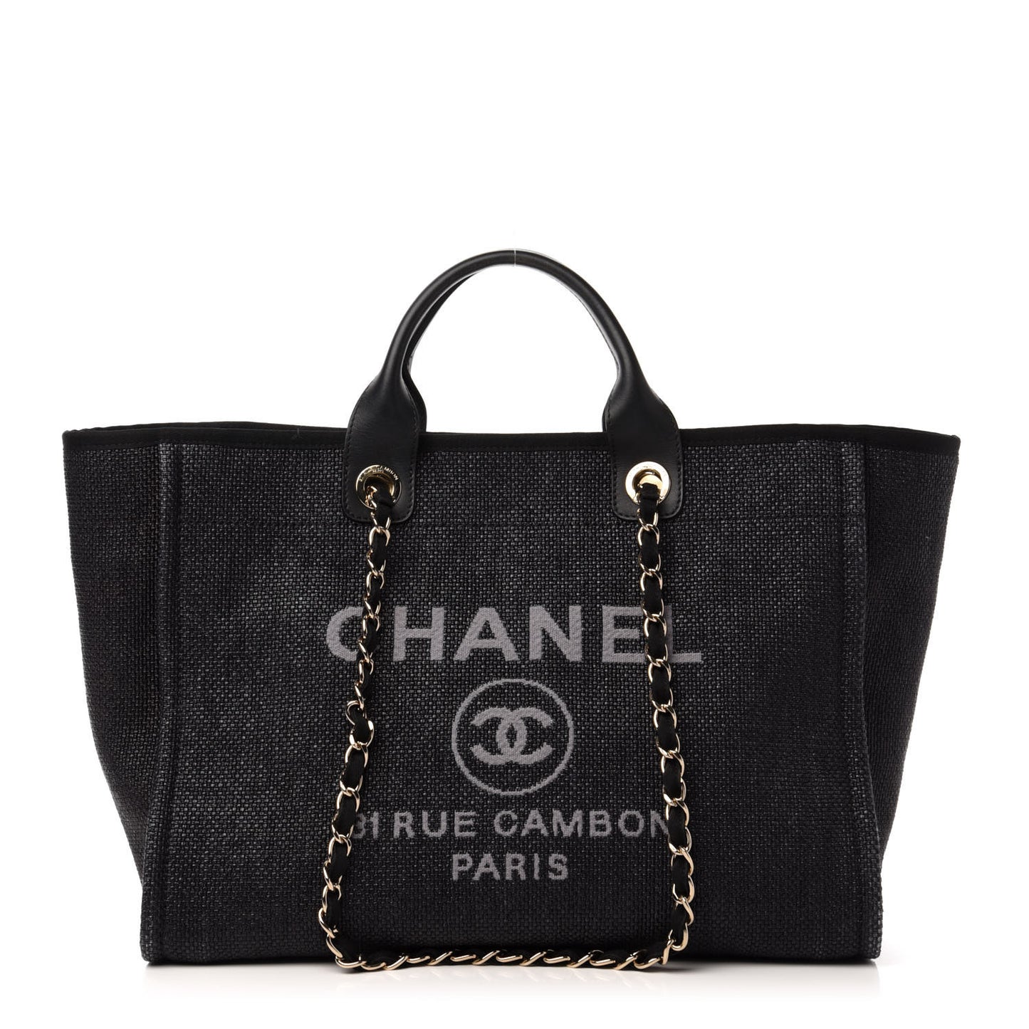 Woven Straw Raffia Medium Deauville Tote Black