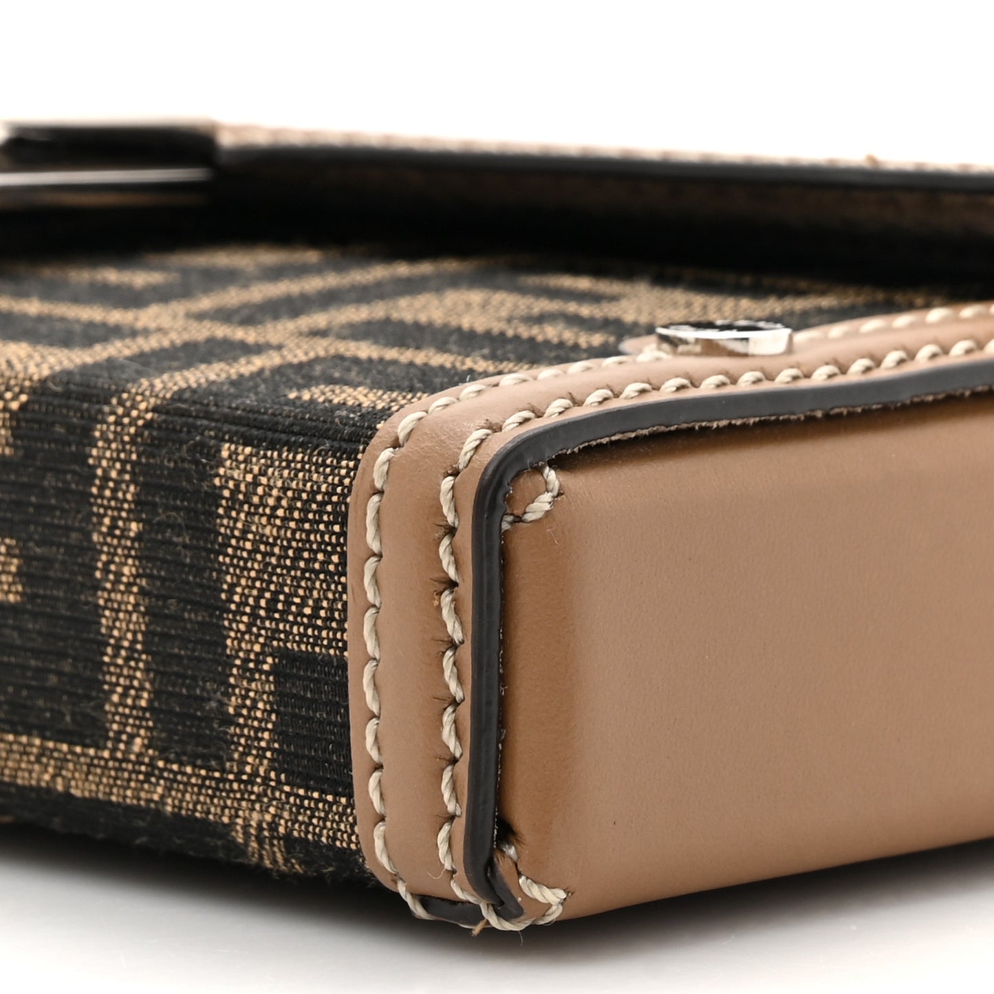 Recycled Fabric Jacquard Vitello King FF 1974 Baguette Soft Trunk Phone Pouch Tobacco Moro Sand