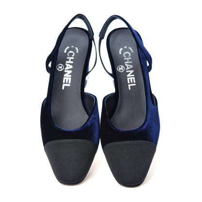 Chanel Velvet Grosgrain Cap Toe CC Slingback Pumps 35.5 Blue Black 5 of 11