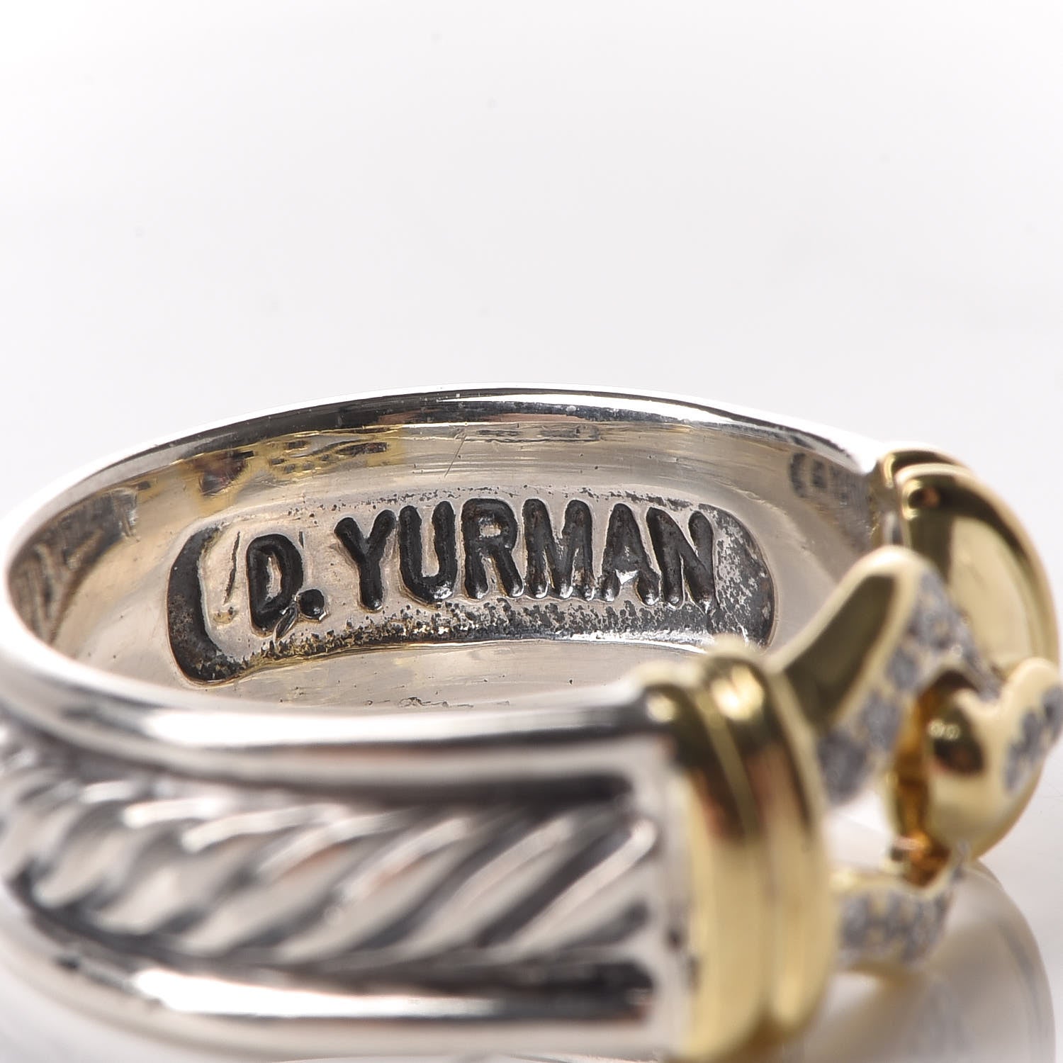 David Yurman Sterling Silver 18K Yellow Gold Diamond Buckle Cable Ring 54 6.75 5 of 6