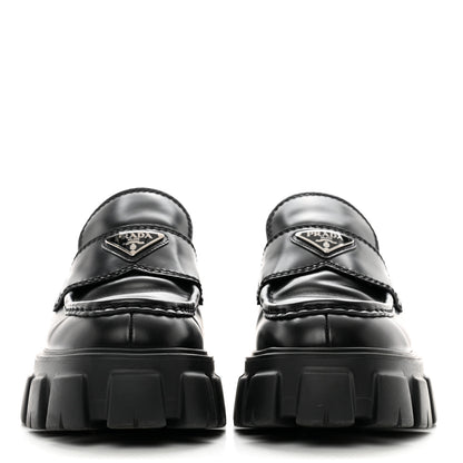 Prada Spazzolato Rois Metal Triangle Logo Mens Monolith 60mm Loafers 6 Black 2 of 10