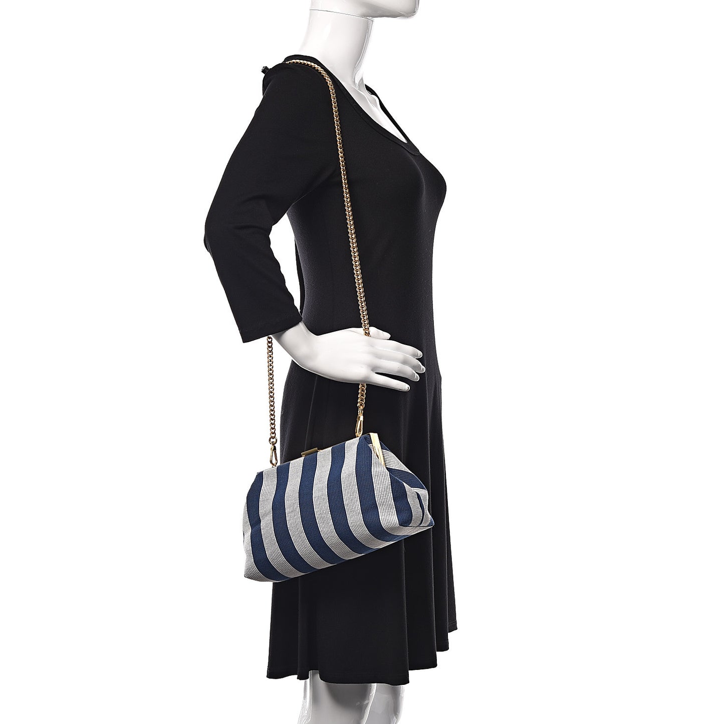 Canvas Stripe Mini Volume Chain Clutch Blue White