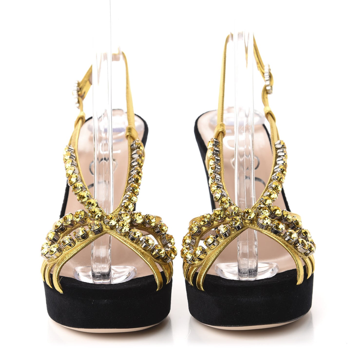 Velvet Nappa Crystal Zephyra Slingback Platform High Heel Sandals 36 Black Gold