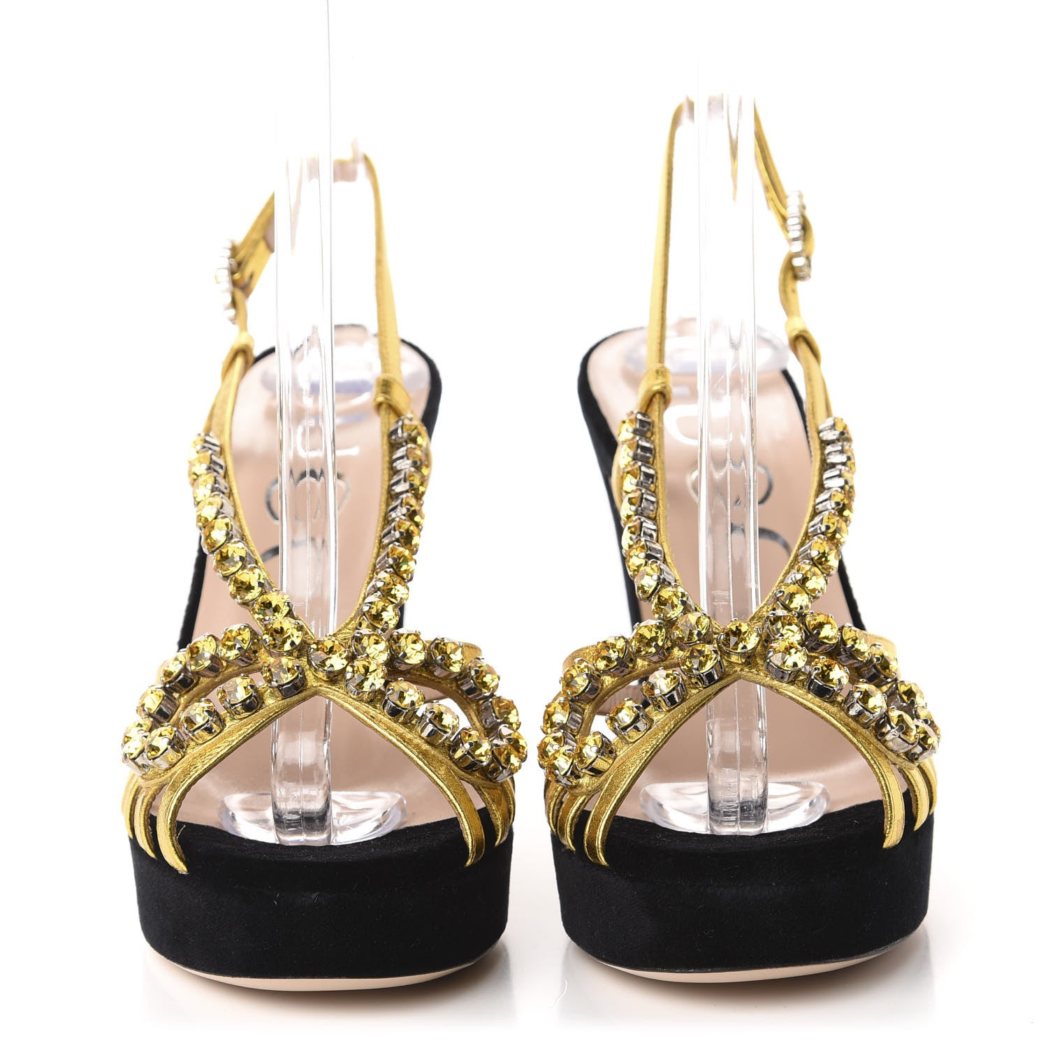 Gucci Velvet Nappa Crystal Zephyra Slingback Platform High Heel Sandals 36 Black Gold 2 of 8