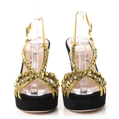 Gucci Velvet Nappa Crystal Zephyra Slingback Platform High Heel Sandals 36 Black Gold 2 of 8