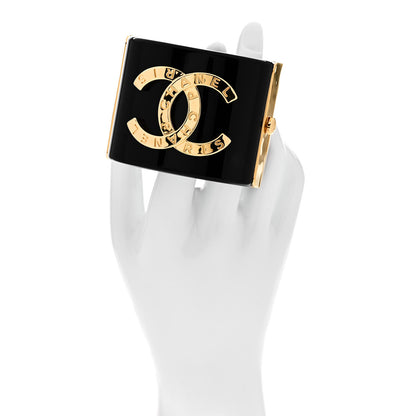 Chanel Resin CC Paris Button Cuff Bracelet Black Gold 2 of 5