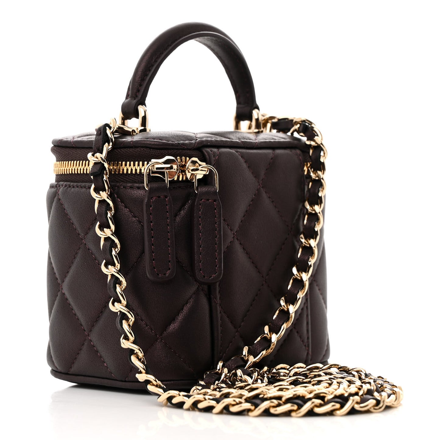 Iridescent Lambskin Quilted Mini Top Handle Vanity Case With Chain Burgundy