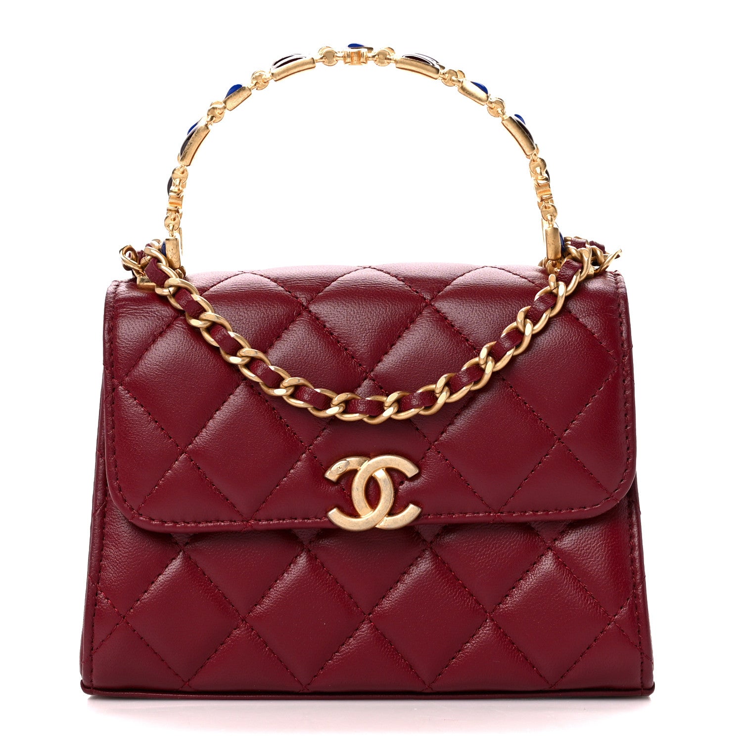 Chanel Lambskin Enamel Quilted Top Handle Flap With Chain Red 1 of 12