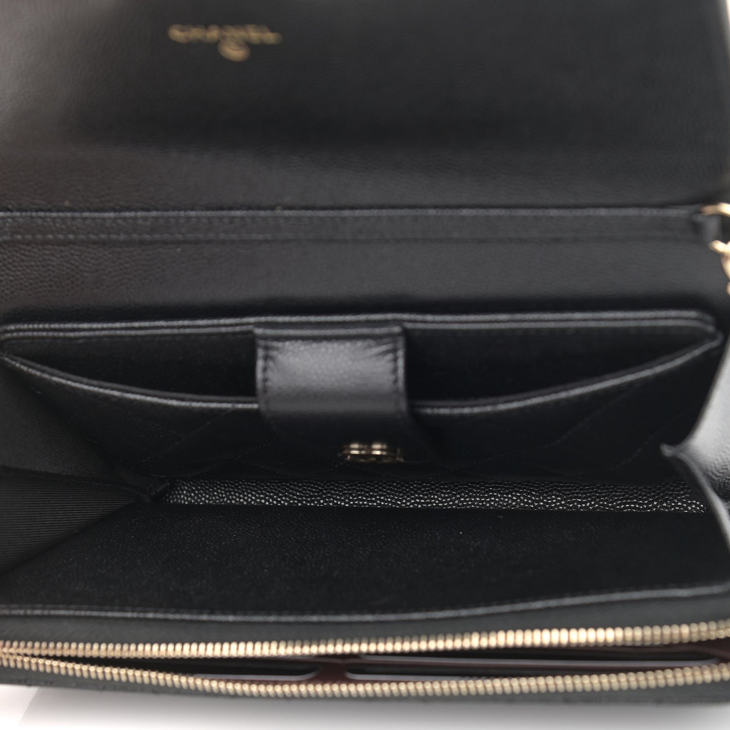 Caviar Quilted Phone Holder Wallet With Removable Chain Black