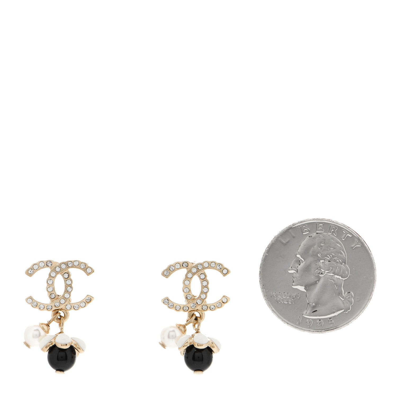 Chanel Crystal Bead Pearl CC Drop Earrings Gold White Black 2 of 5