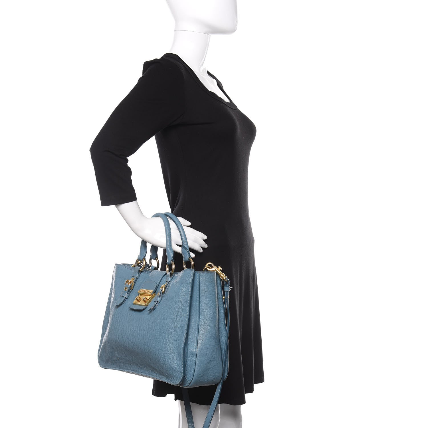 Miu Miu Goatskin Madras Shopping Tote Azzurro 3 of 12