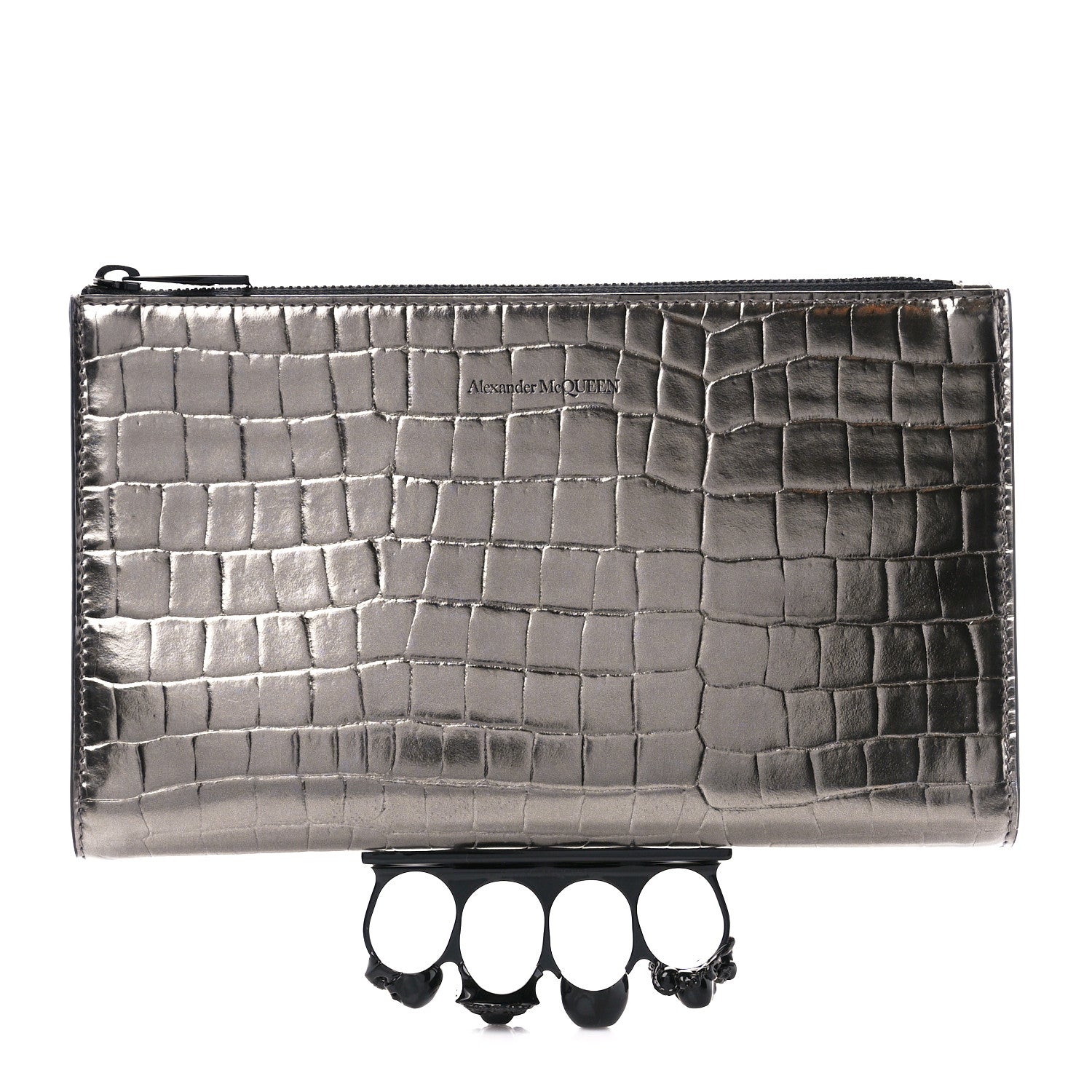 Alexander McQueen Metallic Calfskin Crocodile Embossed Knuckle Flat Zip Clutch Silver 1 of 11
