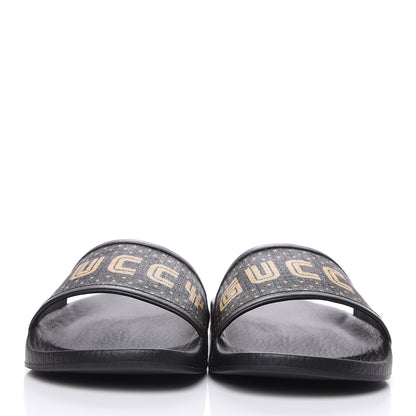 Gucci X SEGA Supreme Canvas GUCCY Stars Womens Slide Sandals 40 Black Gold 2 of 7