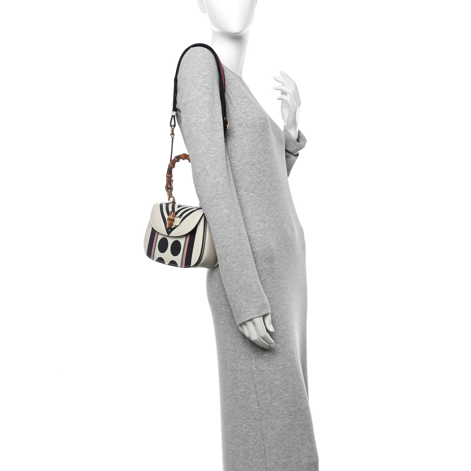 Gucci Calfskin Web Geometric Print Small Bamboo 1947 Top Handle Bag White Multi 2 of 11