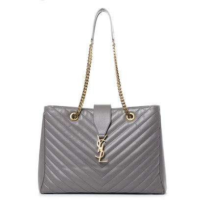 Saint Laurent Smooth Calfskin Matelasse Chevron Large Monogram Shopping Bag Grey 1 of 18