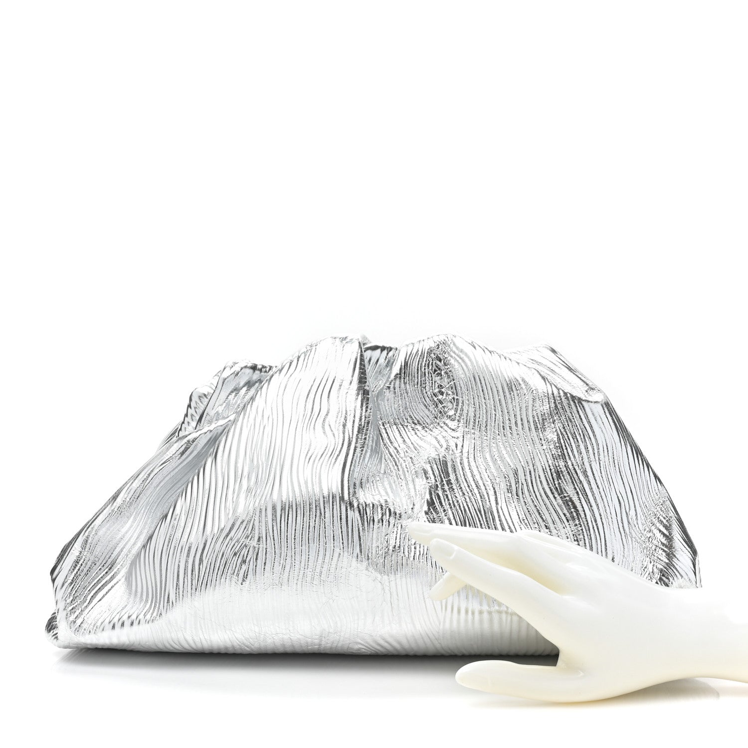 Bottega Veneta Metallic Bark Calfskin Embossed The Pouch Oversized Clutch Silver 2 of 8