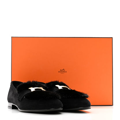 Hermes Mink Fur Suede Goatskin Paris Loafers 36 Black 9 of 9