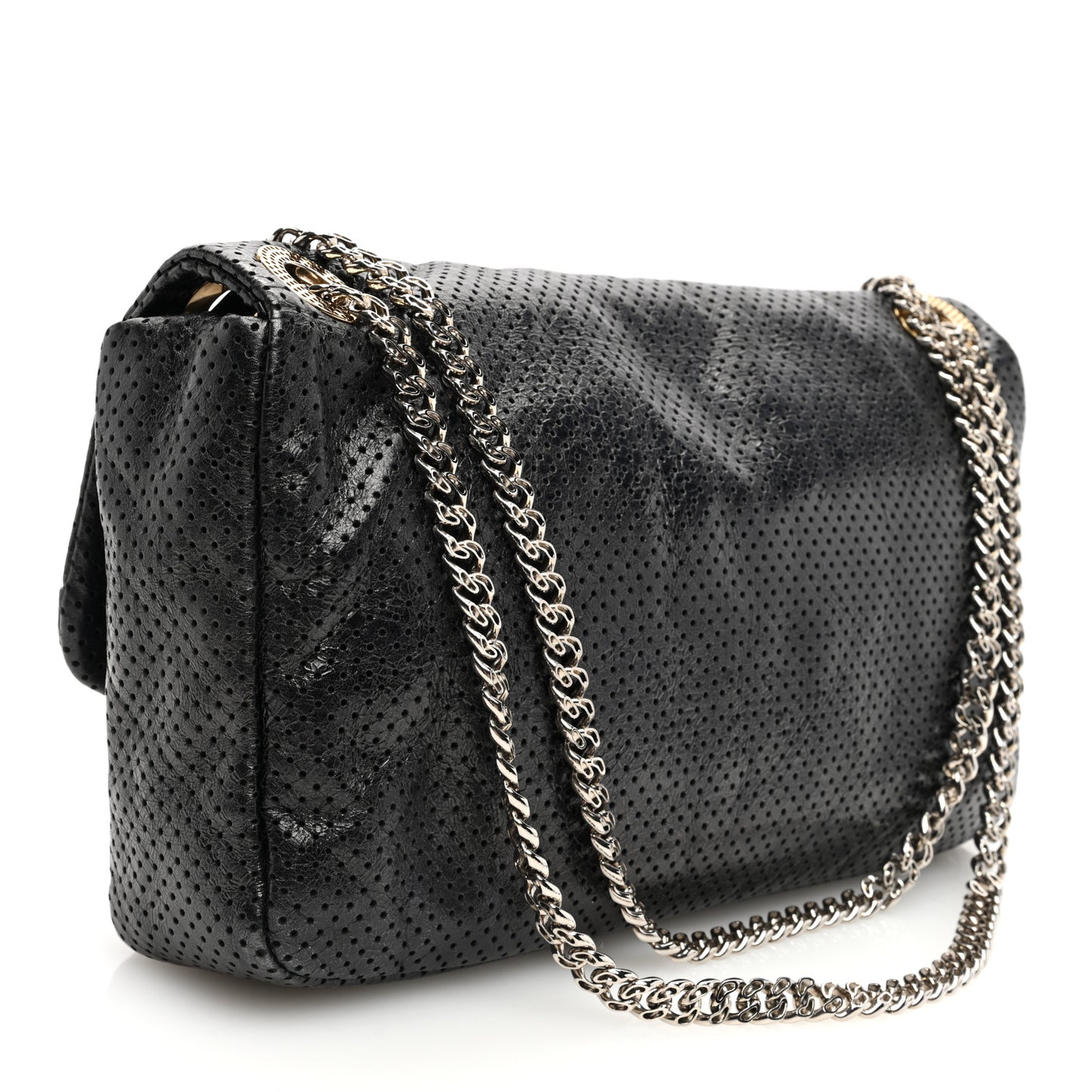 Metallic Crackled Calfskin Large Perforated Drill Flap Black